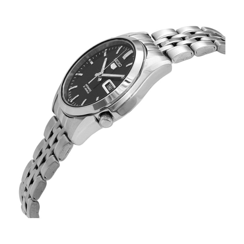 Reloj automático DEL MORAL | RELOJES Seiko 5 con dial negro, caja y correa de acero inoxidable y fondo transparente.