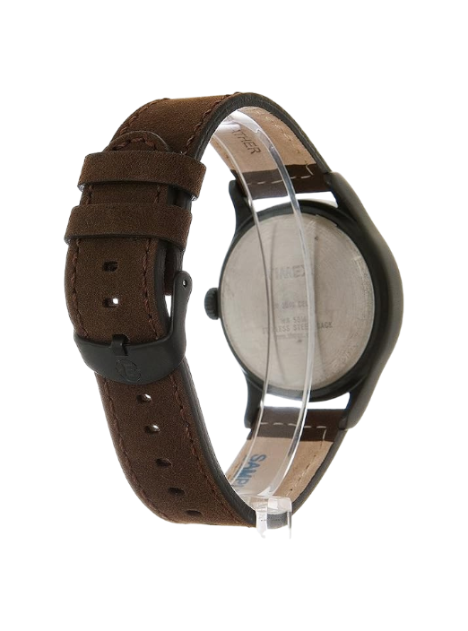 Vista trasera del reloj Timex Expedition Scout de DEL MORAL | RELOJES con caja negra mate y correa de cuero marrón.