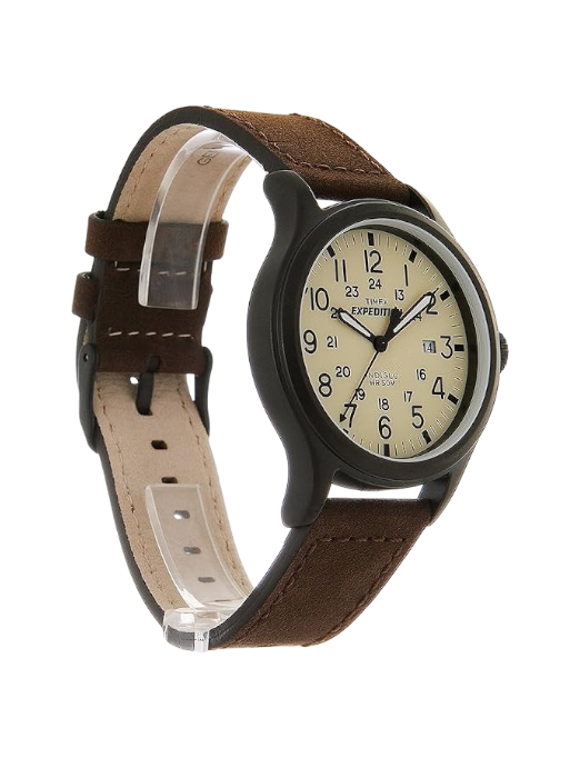 Reloj DEL MORAL | RELOJES Timex Expedition Scout con caja de latón negro, dial beige y correa de cuero marrón