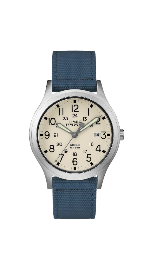 Reloj DEL MORAL | RELOJES Timex Expedition Scout con dial crema, caja de latón plateado y correa de nylon azul