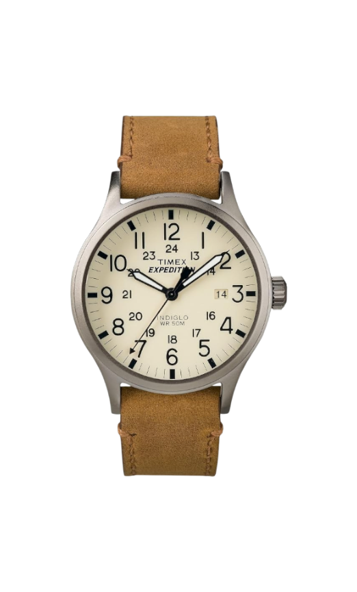Reloj DEL MORAL | RELOJES Timex Expedition Scout con dial beige, caja de latón plateado y correa de cuero marrón.