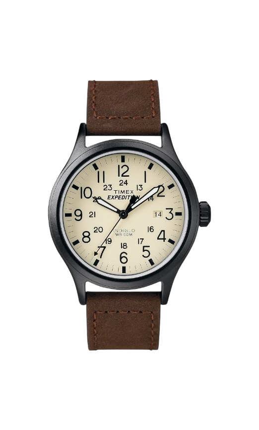 Reloj Timex Expedition Scout de DEL MORAL | RELOJES con caja de latón negro, esfera beige y correa de cuero marrón.