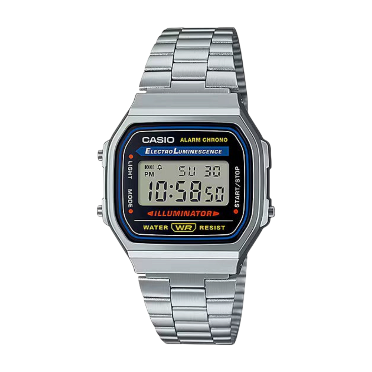Reloj digital Casio A168WA-1 de DEL MORAL | RELOJES con caja plateada, pantalla LCD y correa de acero inoxidable.