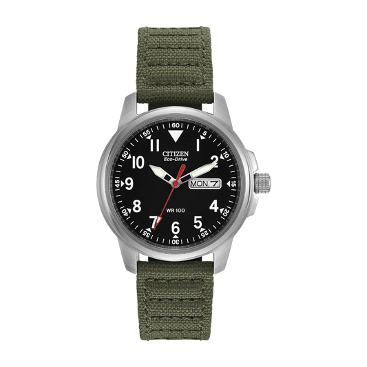 Reloj DEL MORAL | RELOJES Citizen Eco-Drive militar con caja de acero, dial negro y correa de lona verde