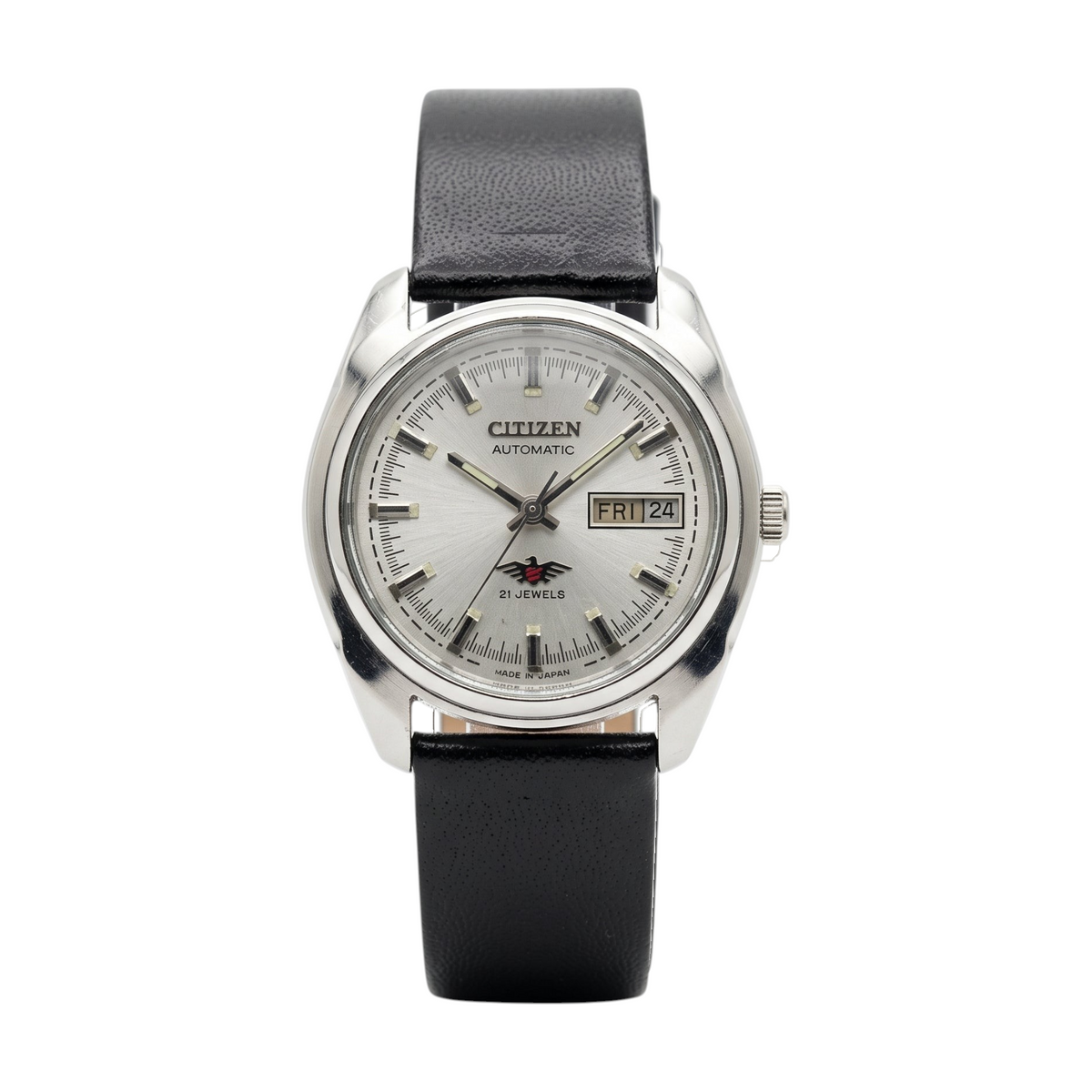 Reloj vintage DEL MORAL | RELOJES Citizen Eagle 7 con dial blanco, caja de acero y correa de cuero negro.