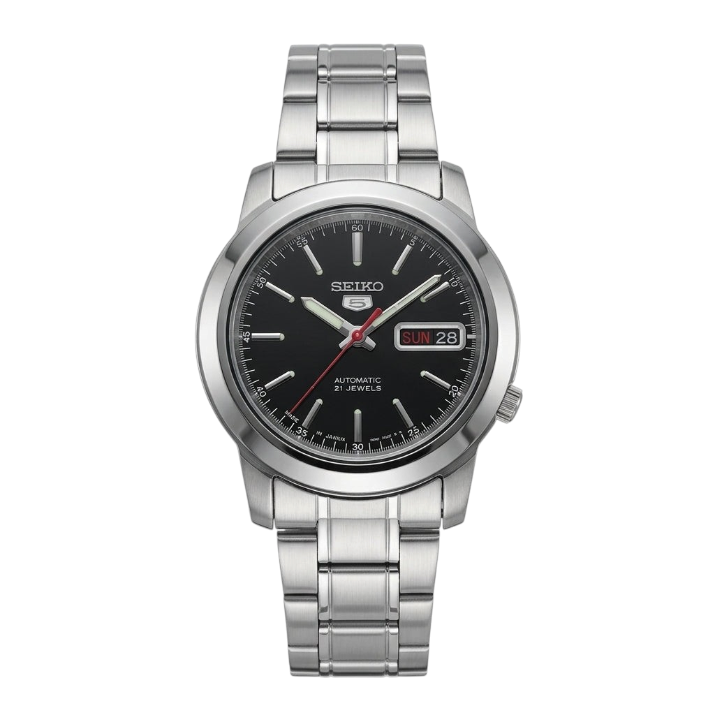 Reloj automático DEL MORAL | RELOJES Seiko 5 con dial negro, caja de acero inoxidable y correa de eslabones plateada.