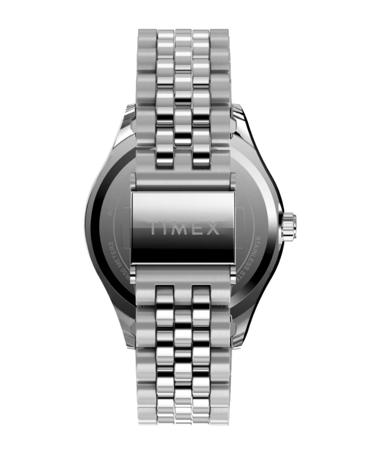 Vista trasera del reloj DEL MORAL | RELOJES Timex Legacy Peanuts con correa de acero inoxidable y cierre desplegable