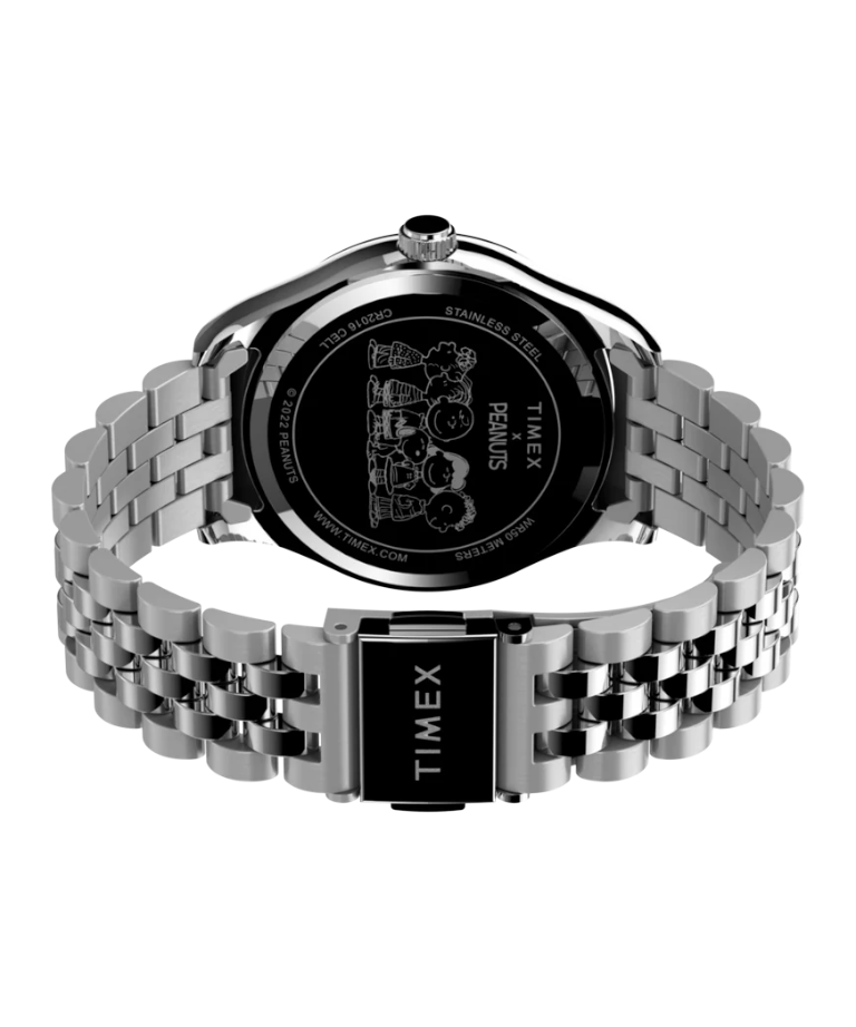 Parte trasera de la caja de acero inoxidable del reloj DEL MORAL | RELOJES Timex x Peanuts con grabado de Snoopy