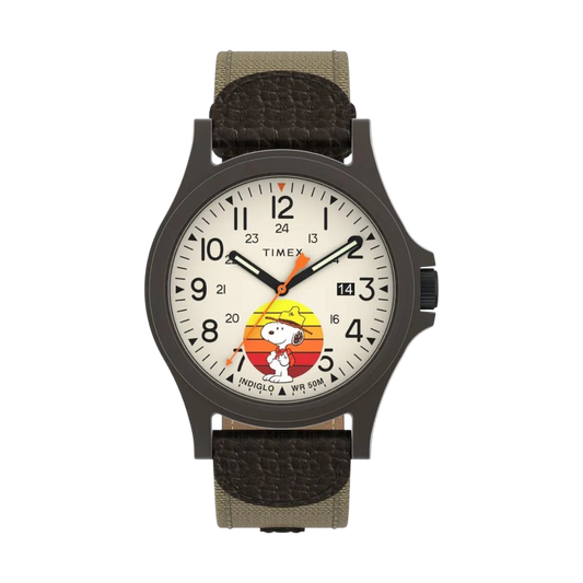 Reloj DEL MORAL | RELOJES Timex Expedition Peanuts con esfera crema, ilustración de Snoopy y correa de cuero y nylon