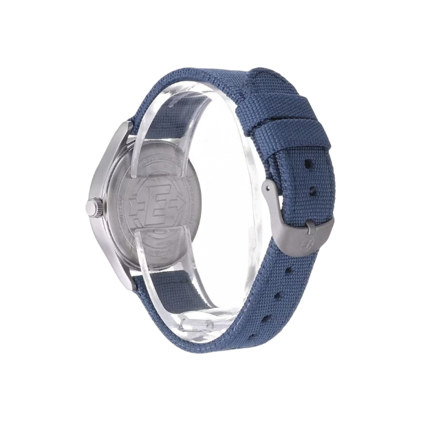 Vista trasera del reloj DEL MORAL | RELOJES Timex Expedition Scout con caja plateada y correa de nylon azul