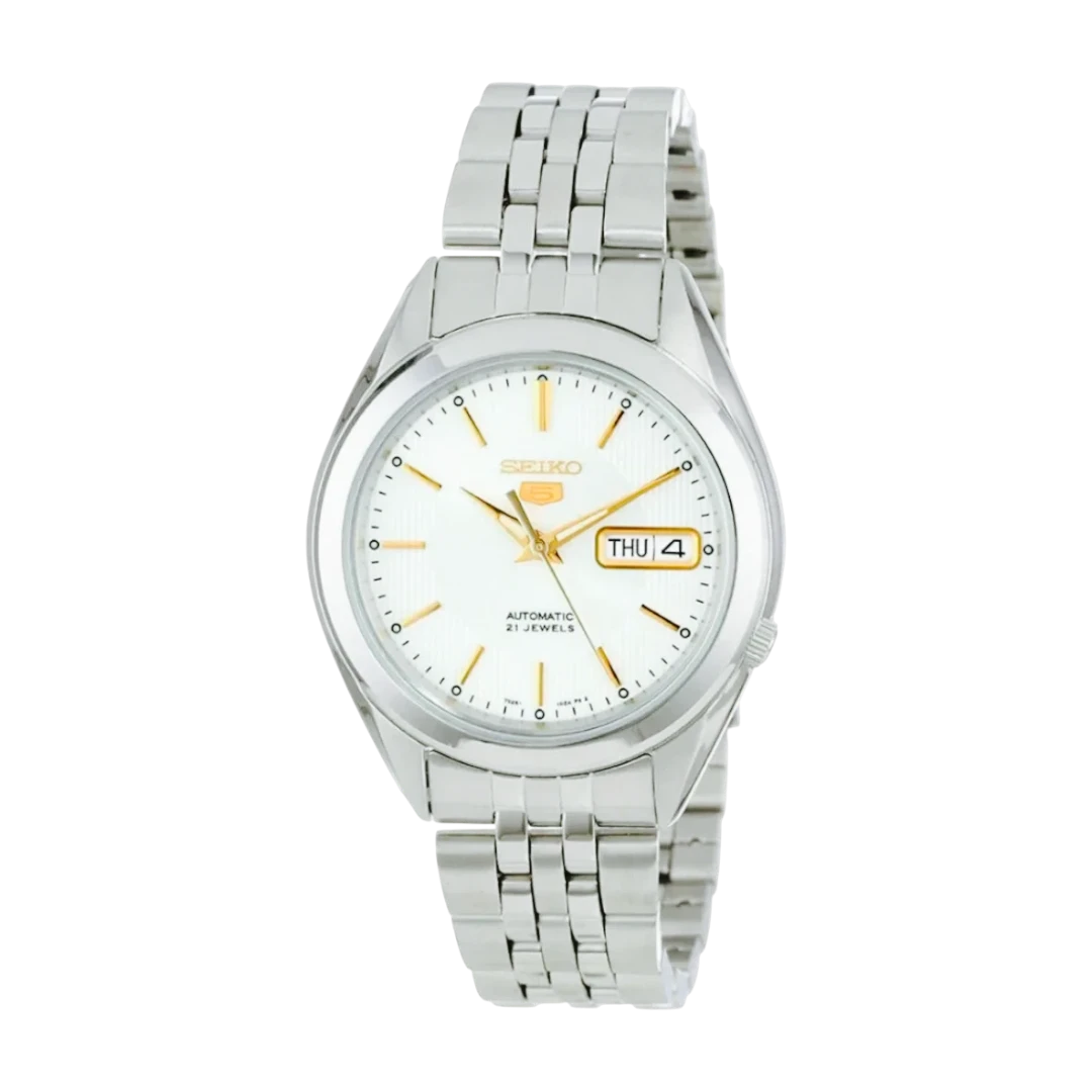 DEL MORAL | RELOJES Reloj Seiko 5 automático de acero inoxidable con esfera blanca nacarada y detalles dorados. Ventana de día/fecha.