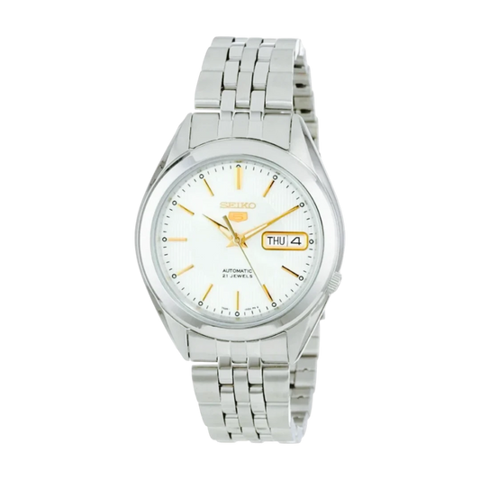 DEL MORAL | RELOJES Reloj Seiko 5 automático de acero inoxidable con esfera blanca nacarada y detalles dorados. Ventana de día/fecha.