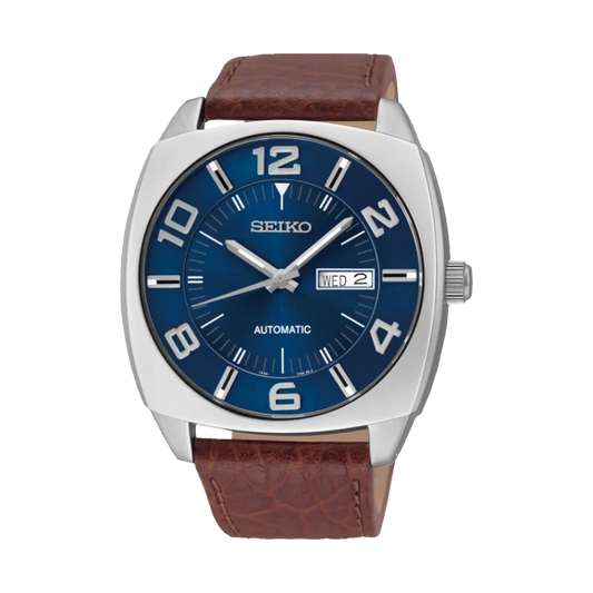 DEL MORAL | RELOJES Seiko Recraft SNKN37 reloj automático con esfera azul y correa de cuero marrón.