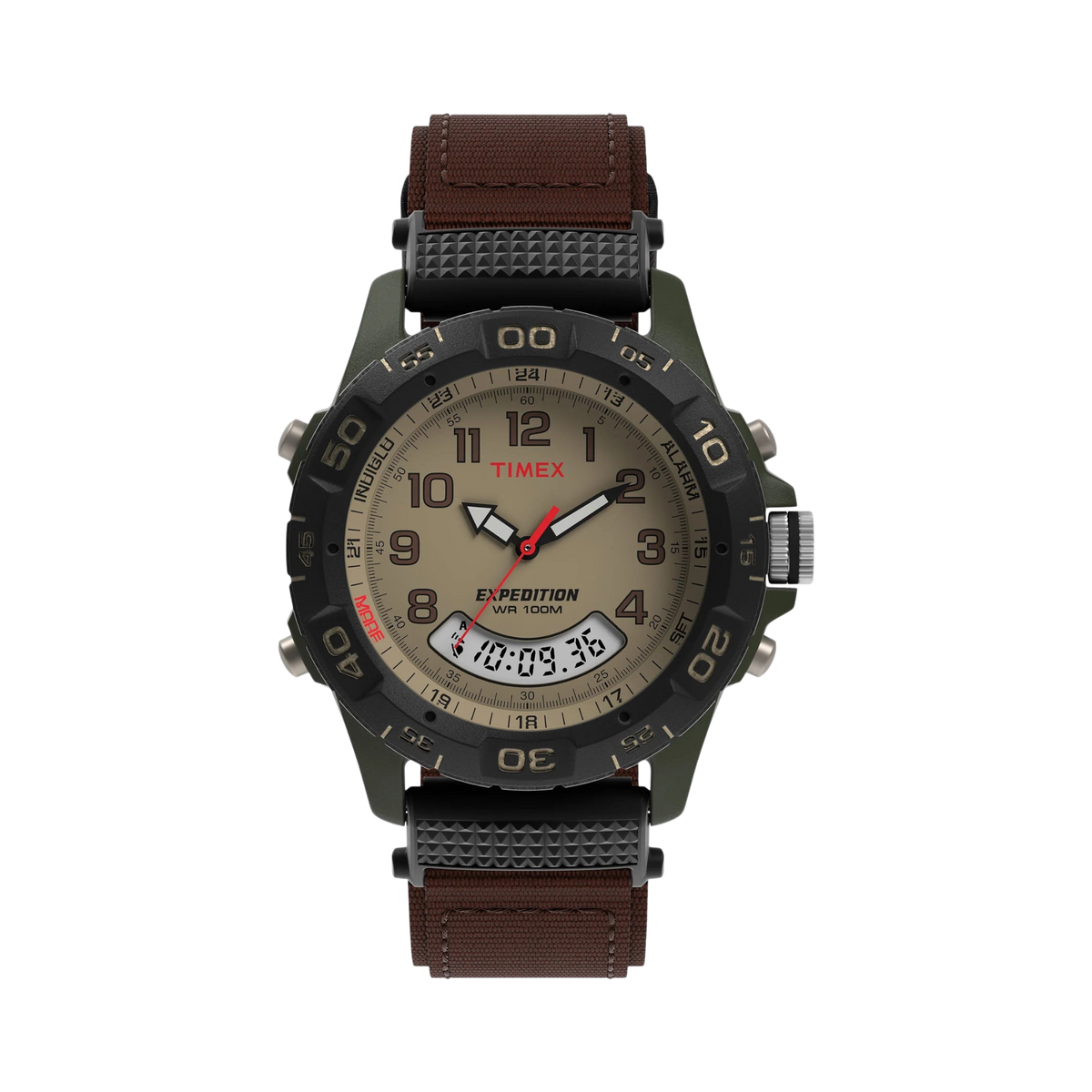Reloj DEL MORAL | RELOJES Timex Expedition ana-digi con caja verde, dial beige y correa de nylon y cuero marrón