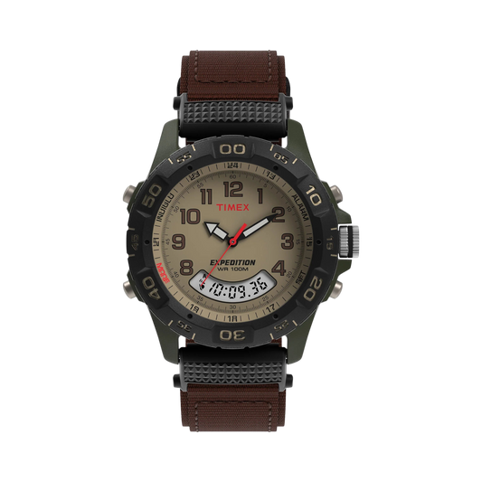 Reloj DEL MORAL | RELOJES Timex Expedition ana-digi con caja verde, dial beige y correa de nylon y cuero marrón