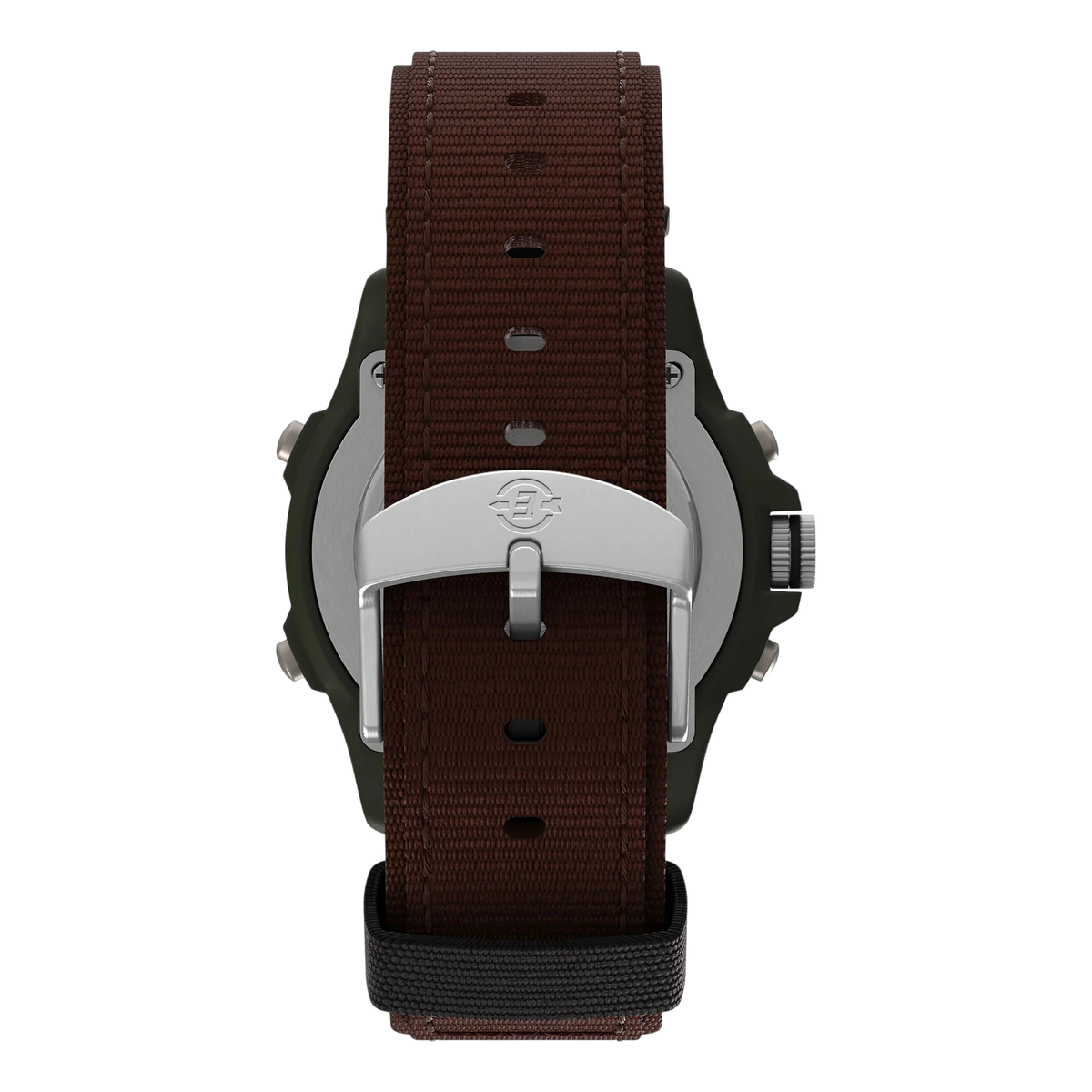 Vista trasera del reloj DEL MORAL | RELOJES Timex Expedition con correa de nylon marrón y cierre de hebilla plateado