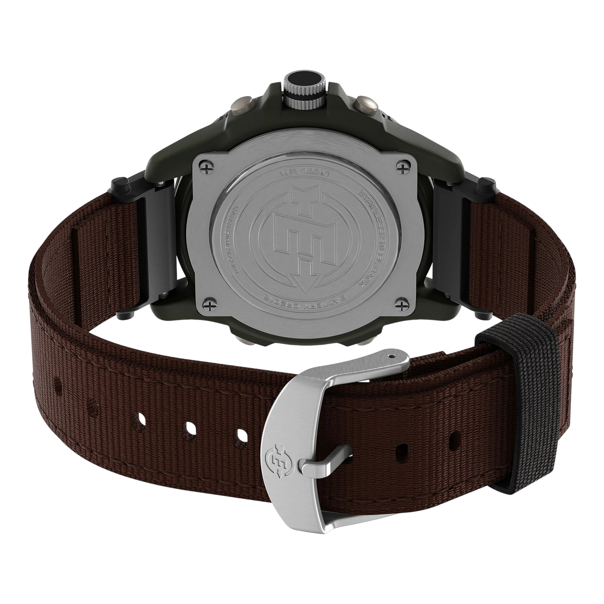 Vista trasera del reloj DEL MORAL | RELOJES Timex Expedition T45181 con caja de resina verde y correa de nylon marrón