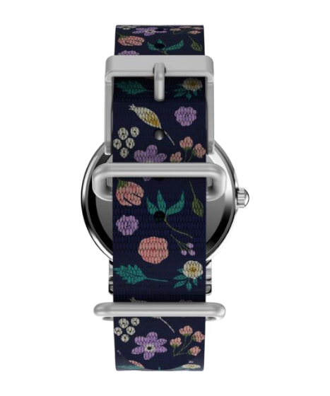 Vista trasera del reloj DEL MORAL | RELOJES Timex Weekender Peanuts con correa de tela azul y estampado floral