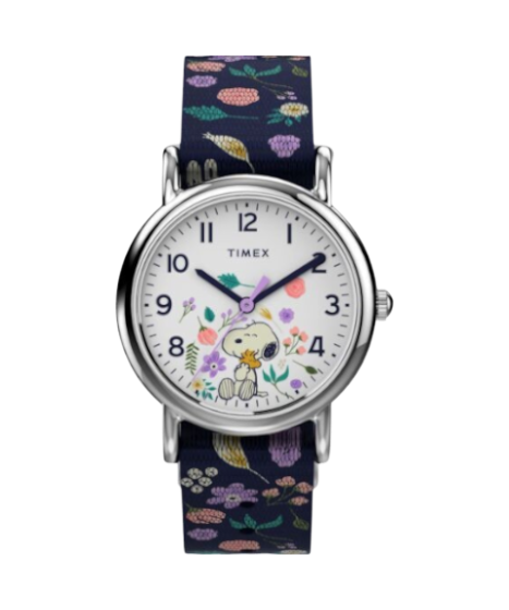 Reloj DEL MORAL | RELOJES Timex Weekender Peanuts con esfera blanca, ilustración de Snoopy y correa de tela floral